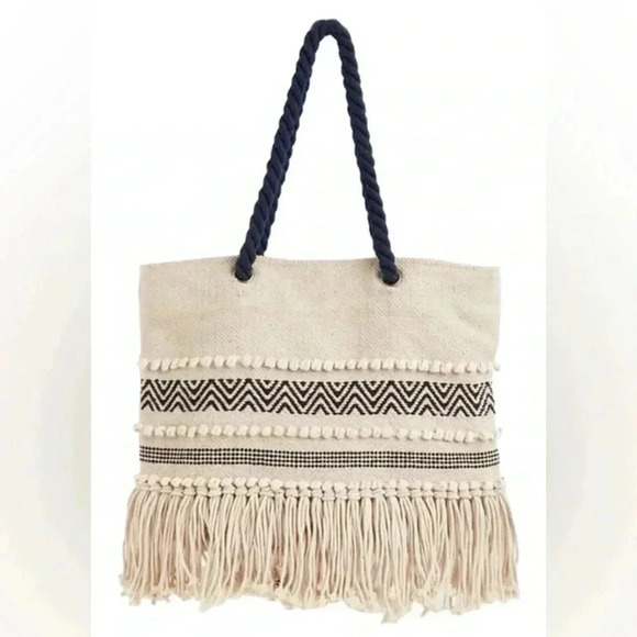 Extra Large Fringe Canvas Tote Thick Braided Handles Black Natural NALINI BAG - Picture 1 of 10